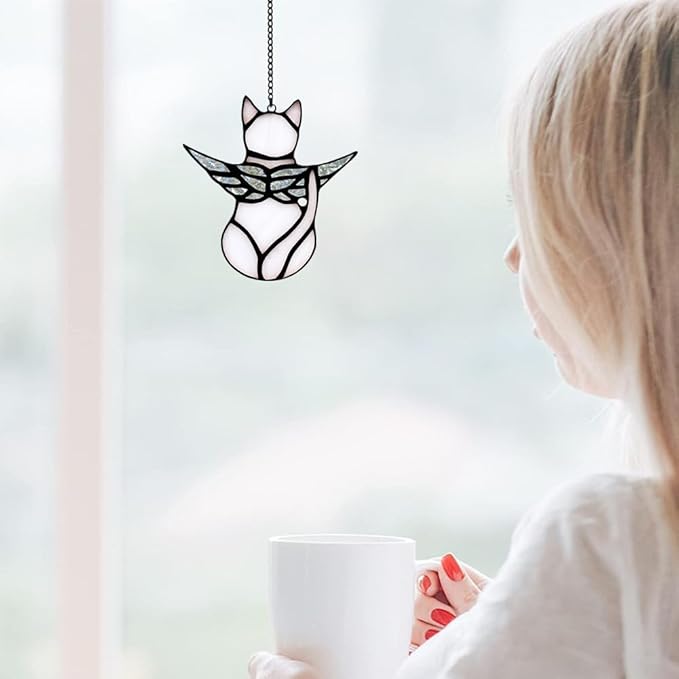 Angel Cat Memorial Present Ornaments, Acrylic Window Hanging Decorations for Cat Lovers, Angel Wings Suncatcher Decor, Pet Memorial Sympathy Present Statue (White)
