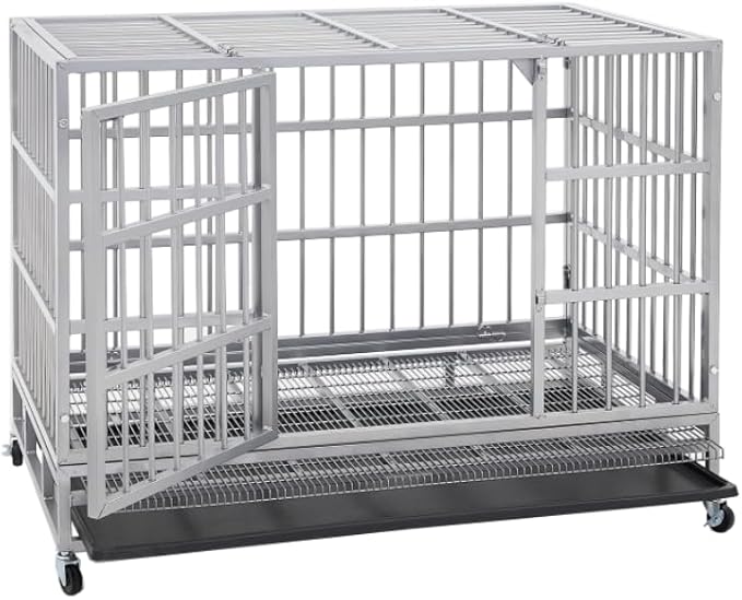 42 inch Heavy Duty Indestructible and Escape-Proof Dog Crate Cage Kennel for Large Dogs, High Anxiety Dog Crate with Removable Wire Trays and Wheels, Extra Large XL XXL, Siliver
