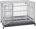 48 inch Heavy Duty Indestructible and Escape-Proof Dog Crate Cage Kennel for Large Dogs, High Anxiety Dog Crate with Removable Wire Trays and Wheels, Extra Large XL XXL, Silver