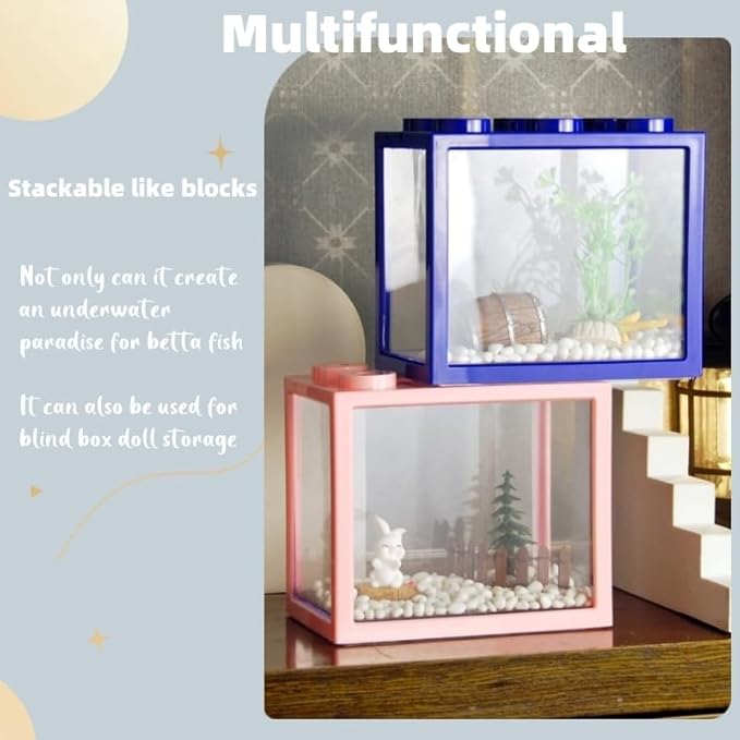 Small Betta Fish Tank, Stackable Mini Aquarium Tank Kit with Aquarium Gravel & Forest Micro Landscape, 0.6 Gallon Acrylic Cube Fish Bowl for Sea Monkeys Shrimp Snails (Blue)
