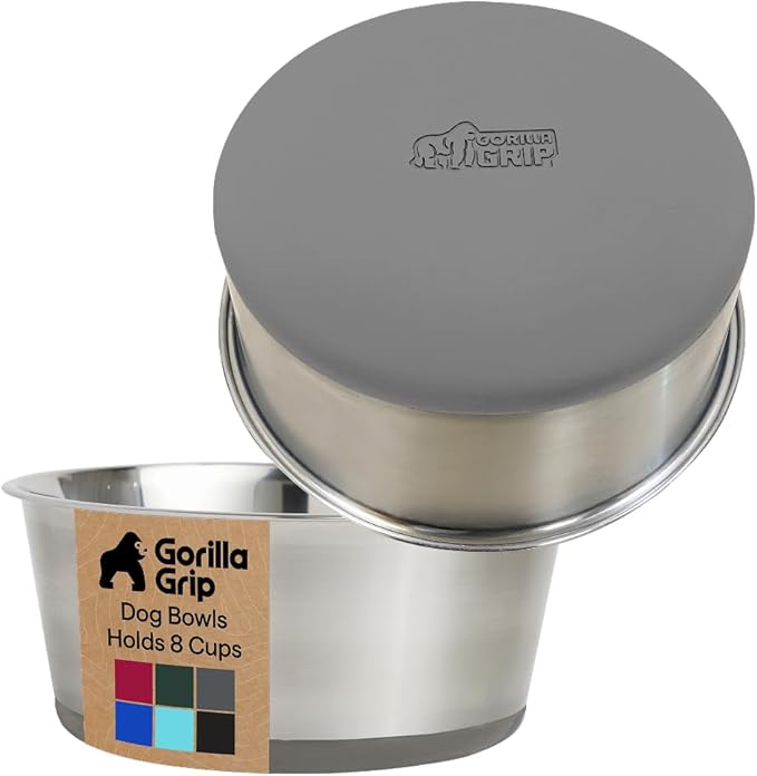 GORILLA GRIP Set of 2 Dog Bowls, Holds 8 Cups (64 fl oz), Heavy Duty Metal Food and Water Bowl for Feeding Dogs and Cats, Dishwasher Safe, Rust Resistant Stainless Steel, BPA Free Rubber Base, Gray