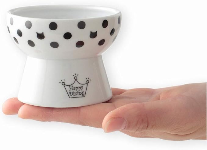 Necoichi Raised Cat Food Bowl – Ceramic Elevated Cat Bowl for Whisker & Neck Fatigue, Dishwasher Microwave Safe – Non-Slip & Anti Vomiting Ergonomic Design (Dots, Mini)