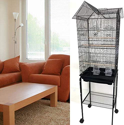 Large Canary Parakeet Cockatiel Lovebird Finch Roof Top Bird Cage with Stand -18"x14"x60" (Black)