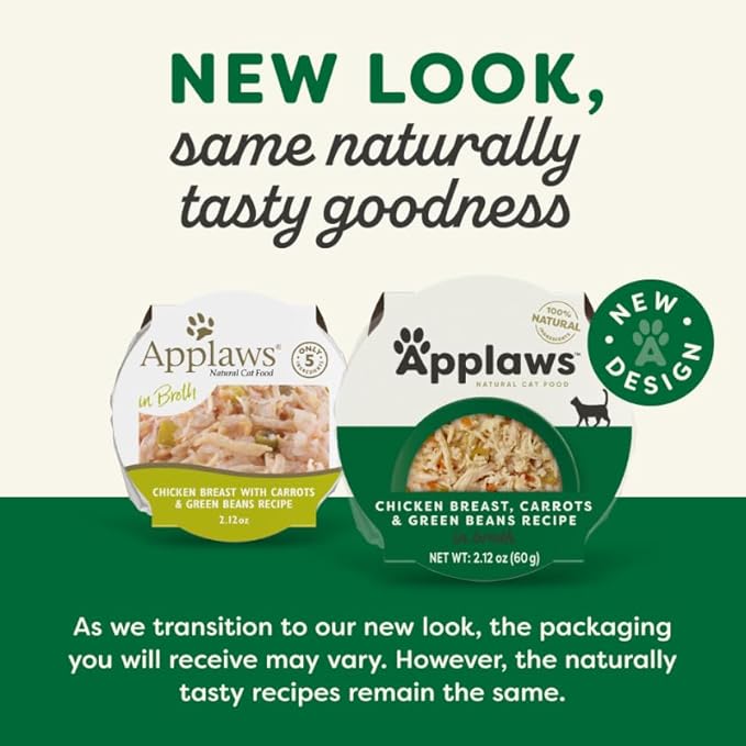 Applaws Natural Wet Cat Food in Broth, Limited and Natural Ingredients, High Protein with No Artificial Additives, Chicken, Carrots & Green Beans in Broth (10 x 2.12 oz Easy-Open Cups)