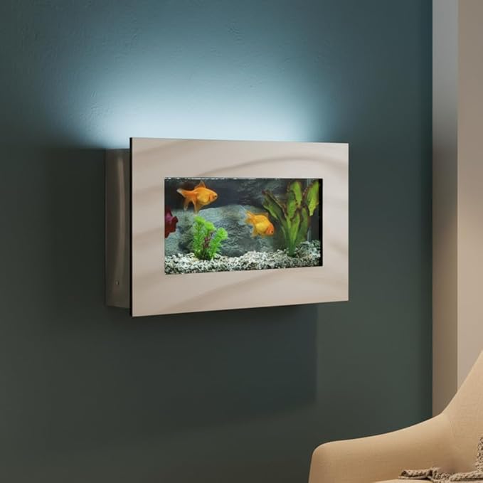 Aussie Aquariums 3.0 Wall Mounted Fish Tank Kit with LED Lighting, Built-in Filter System, Modern Space-Saving Design, Complete Accessories Set (View, Silver)