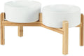 Ceramic Raised Double Bowls Set with Stand, Food & Water Bowls for Medium Breed Dogs, Weighted Dog Dishes, Pet Bowl(7.3'',41OZ, White)