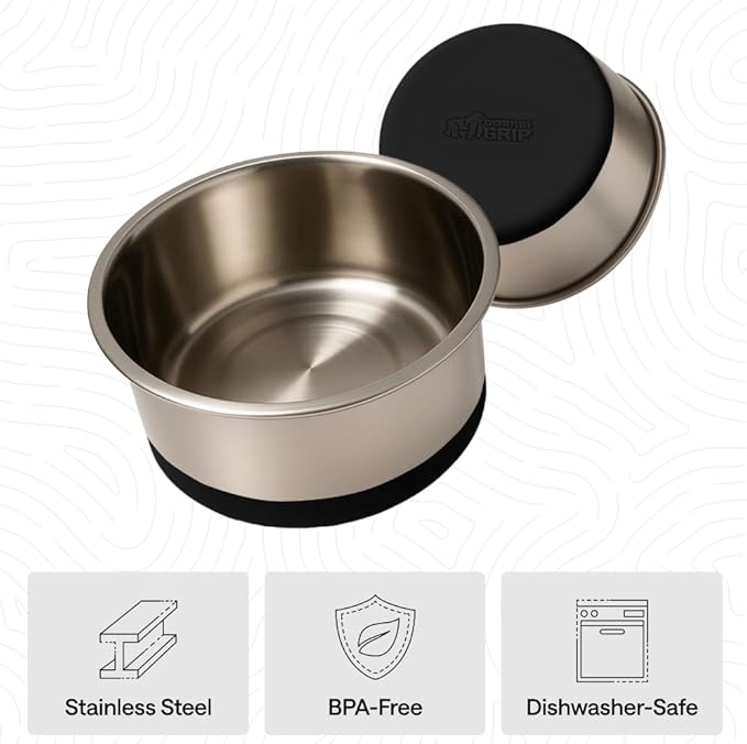 GORILLA GRIP Dog Bowls, Heavy Duty 304 Stainless Steel, Holds 6 Cups Each (48 fl oz) Food and Water Bowl for Feeding Dogs and Cats, Dishwasher Safe, Rust Resistant, BPA Free Rubber Base Set of 2 Black