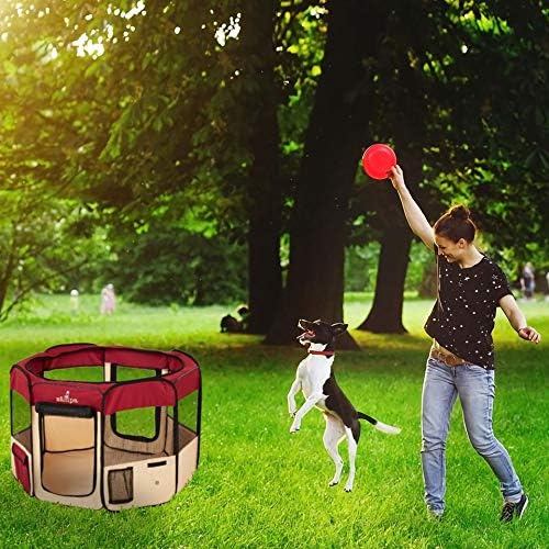 Zampa Puppy Pop Up Portable Playpen for Dog and Cat, Foldable | Indoor/Outdoor Kitten Pen & Travel Pet Carrier + Carrying Case (Red, Small (36"x36"x24"))