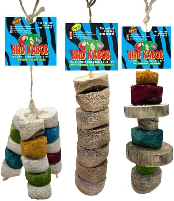 BIRD KABOB Fun Mix - 3 Pack - an All-Natural, Holistic, Veterinarian Recommended, Earth Friendly, shreddable Hanging Bird Toy Variety Pack of Chiquito, Original & Especial