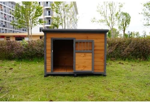 44.2" Large Dog House Outdoor Weatherproof Wooden Dog Kennel, Dog Houses for Large Dogs Outside with XL XLarge Dog House Doghouse, Grey+Yellow