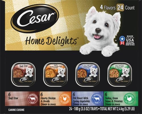 Cesar Home Delights Adult Wet Dog Food, Pot Roast with Spring Vegetables, Beef Stew, Turkey, Green Beans, & Potatoes, and Hearty Chicken & Noodle Dinner in Sauce Variety Pack, 3.5 oz. 24 Count