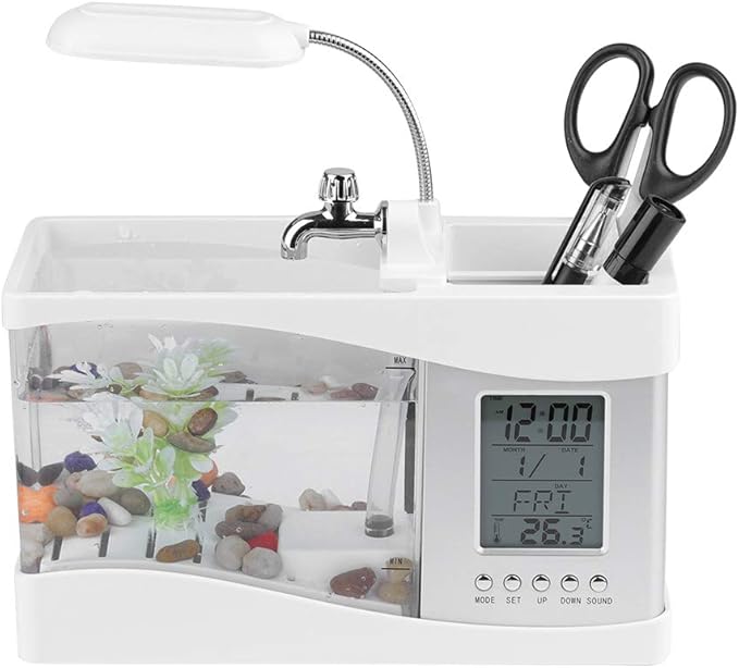Small Divided Fish Multifunctional USB Rechargeable Mini Fish Aquarium with Clock Function LED Light(White)