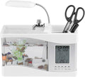 Small Divided Fish Multifunctional USB Rechargeable Mini Fish Aquarium with Clock Function LED Light(White)