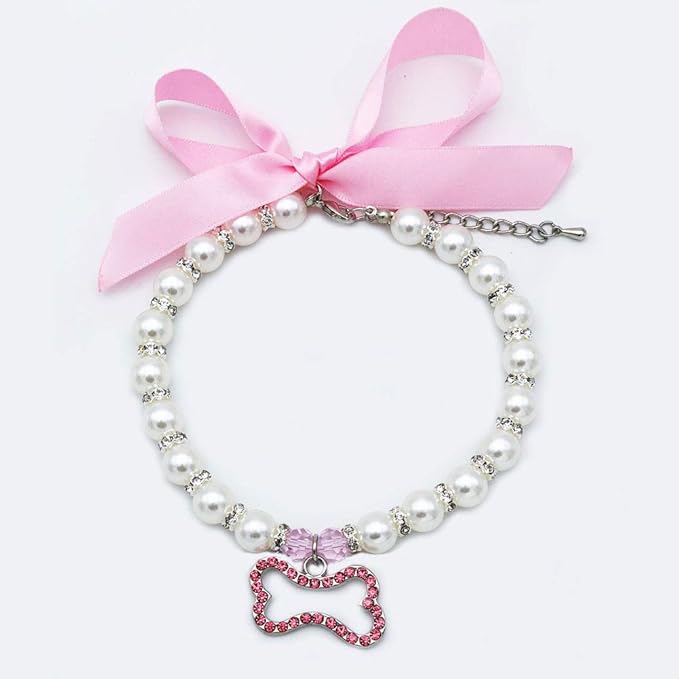 Pearl Crystal Dog Necklace Collar Jewelry for Small Dogs Puppy, Bling Cat Wedding Collar with Rhinestones Charm, Chihuahua Yorkie Clothes Outfits Accessories (Pink Bone, 12 to 14-Inch)