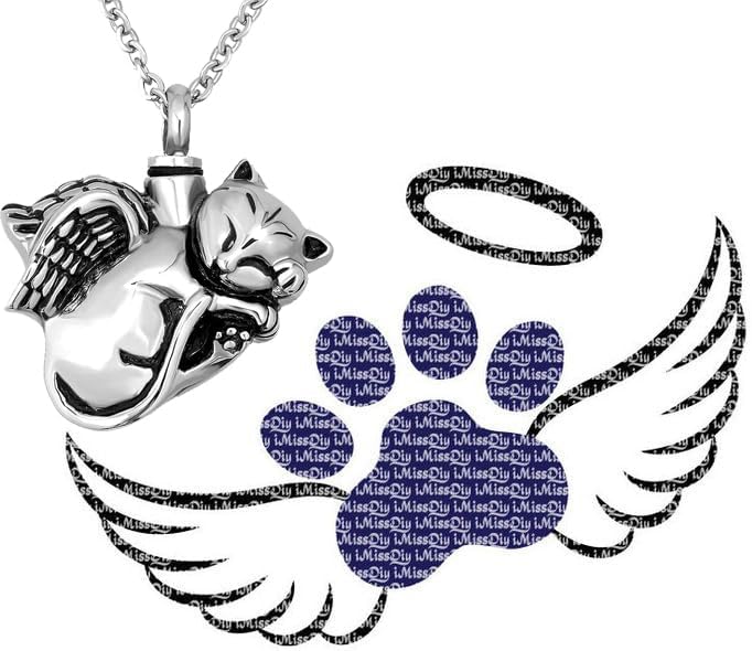 NanMuc Cute Angel Cat Pet Urn Necklace for Ashes Cremation Jewelry Memorial Animal Stainless Steel Pendant Ashes Holder Keepsakes Jewelry