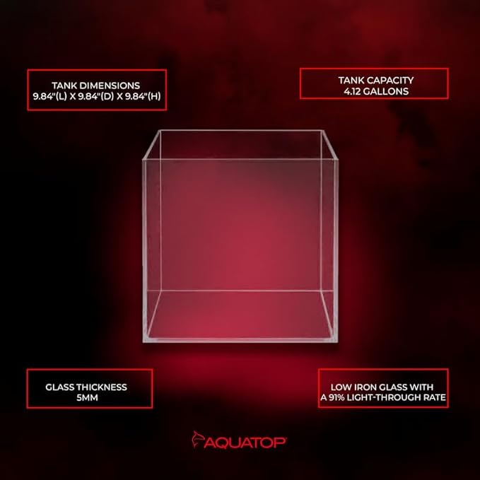 Aquatop High Clarity Low Iron Glass Cube Aquarium, 4.12 Gal – 5mm Thick Glass – Slim Design – Fresh & Saltwater – Desktop Tank with Silicone Sealing