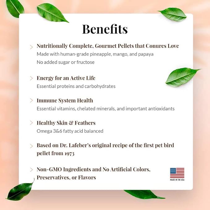 LAFEBER'S Tropical Fruit Gourmet Pellets Pet Bird Food, No Added Sugar, Made with Non-GMO and Human-Grade Ingredients for Conures (1.25 Ib Pack of 2)
