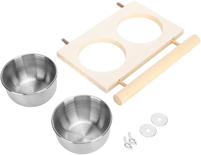 Bird Feeding Dish Cup with Wood Stand Stainless Steel Parrot Food Bowl Water Feeder Cage Accessories with Perch for Cockatiel Parakeet