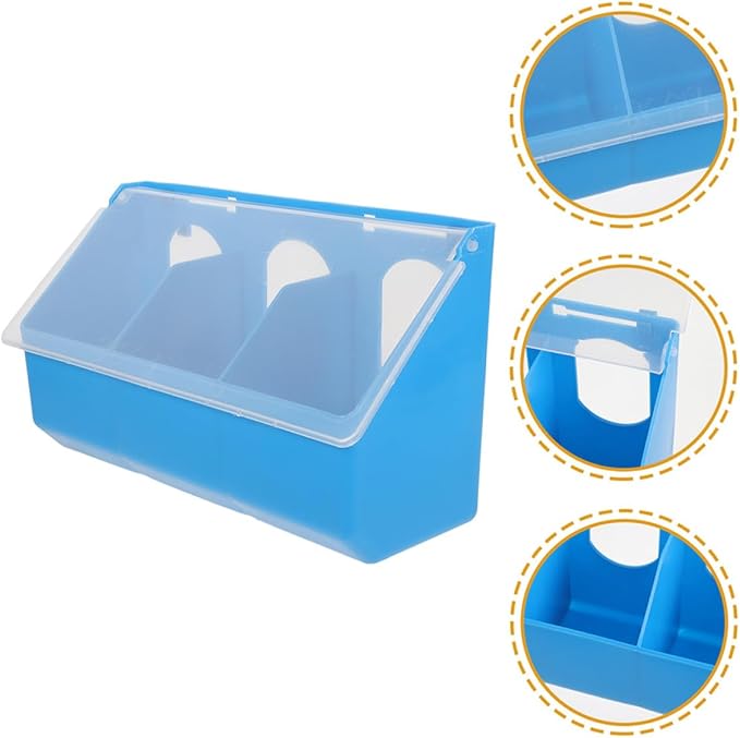 2pcs Hanging Bird Feeder Bowls with Lid, 3-Compartment Plastic Pigeon Feeders for Cage, Multipurpose Poultry Feeding and Watering Supplies in Blue