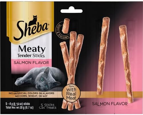 Sheba Meaty Tender Sticks Chicken Cat Treats,Salmon Flavor,Cat Snacks,0.14 oz.,(100 Sticks Total),5 Count (Pack of 20)