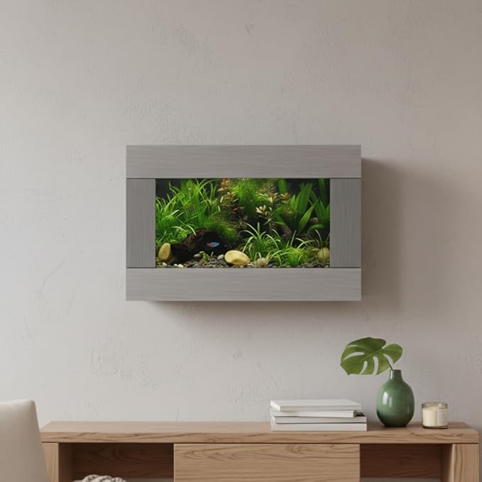Aussie Aquariums 3.0 Wall Mounted Fish Tank Kit with LED Lighting, Built-in Filter System, Modern Space-Saving Design, Complete Accessories Set (Stainless Steel, View)