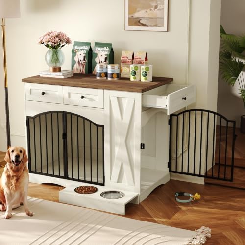 43.3 Inch Farmhouse Style Dog Crate Furniture with 3 Drawers - Heavy Duty Indoor Wooden Dog Kennel, End Table for Medium Large Dogs, Removable Feeder, Double Door Design