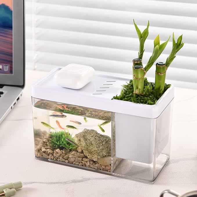 Mini Betta Fish Aquarium - 0.2 Gallon Plastic Tank, Desktop Office Small Fish Tank - Pen Holder Storage, Create Different Desktop Landscape (White)