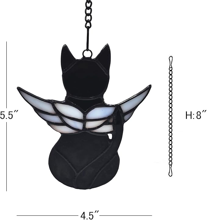 Handcrafted Stained Glass Black Angel Cat Suncatcher - Pet Memorial Gift with Colorful Wings, Cat Lovers Sympathy Gift, Home Window Decor