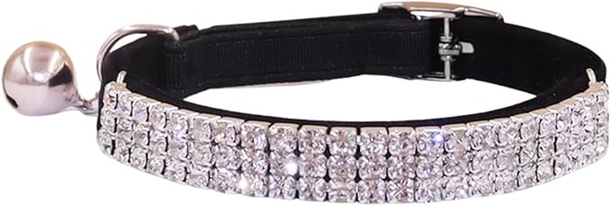 THAIN Rhinestones Cat Dog Collar Soft Velvet Safe Adjustable Collar Bling Diamante with Bells, 8-11 inch for Small Dogs and Cats (Black)
