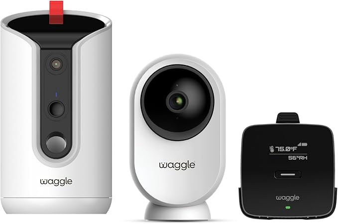 Waggle Dog Safety Bundle – Includes Temperature Monitor, Mini Camera (1080p HD, 128GB SD, 2-Way Audio) & WaggleCam 2K Camera with Treat Dispenser, Night Vision & AI Tracking