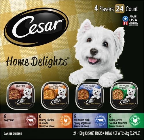 Cesar Home Delights Adult Wet Dog Food, Pot Roast with Spring Vegetables, Beef Stew, Turkey, Green Beans, & Potatoes, and Hearty Chicken & Noodle Dinner in Sauce Variety Pack, 3.5 oz. 24 Count