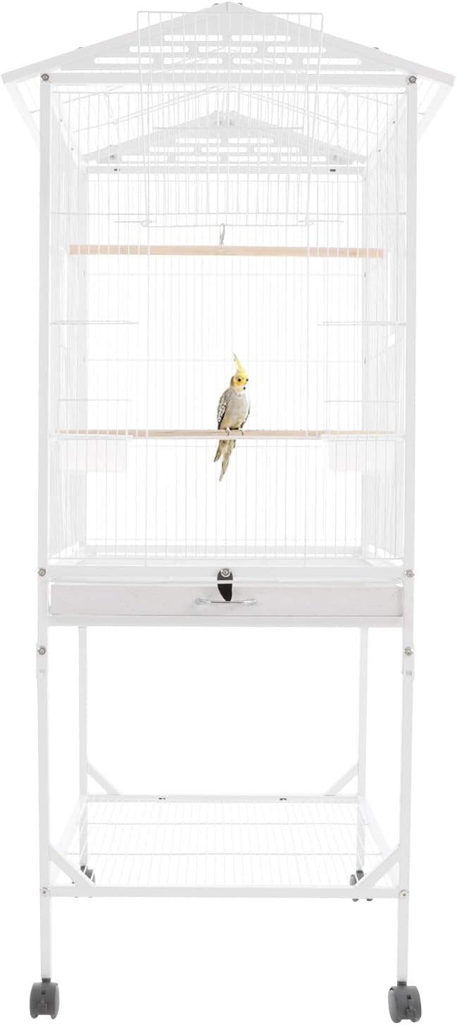 Bird Cage with Wheels, Breeding Cage Wrought Iron Flight Cage with Wooden Stand, Removable Tray & Feeding Bowls for Parrots, Canaries, Lovebirds Finches, 18" L x 18" W x 54" H