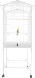 18x18x49 in Iron Flight Bird Cage, Freestanding Parakeet Bird Cage, Pigeons Parrot Birdcage, Large Parakeets Cage with 4 Universal Wheels, 3 Wooden Stands, 2* Feeding Cups and Slide-Out Tray (White)