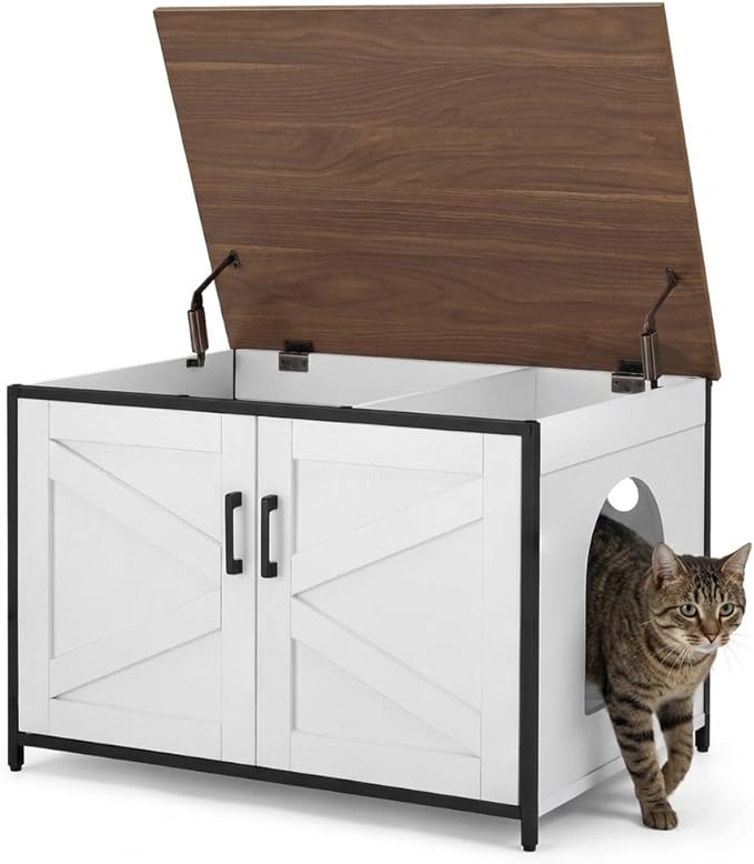 unipaws Extra Large Cat Litter Box Enclosure Furniture with Top Opening, XL Washroom Bench for Cats with Removable Divider, Jumbo Automatic Litter Box Cover and Hidden Cat Box