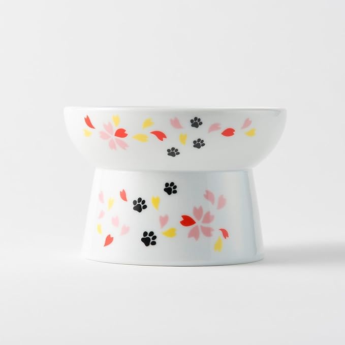 Necoichi Raised Cat Food Bowl – Ceramic Elevated Cat Bowl for Whisker & Neck Fatigue, Dishwasher Microwave Safe – Non-Slip & Anti Vomiting Ergonomic Design (Sakura Floral, Regular, 1-Cup Capacity)