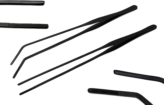G.S Aquarium Tweezers Stainless Steel Straight and Curved Tweezers Set for Fish Tank Aquatic Plants Long Handle Reptile Feeding Tongs,10.5 inch Black