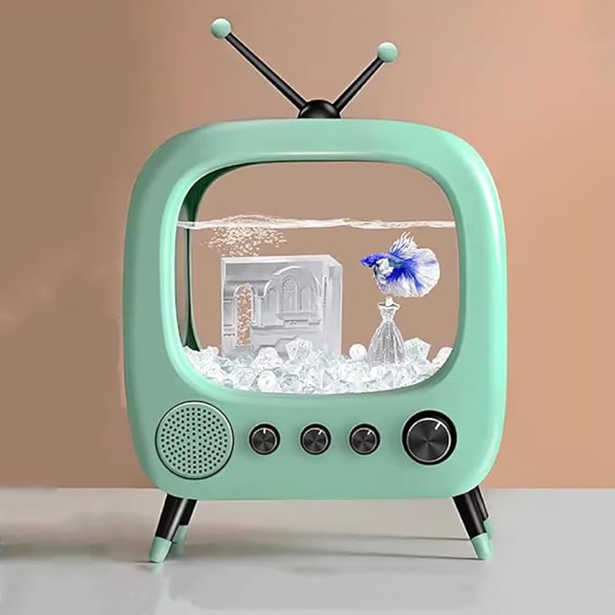 Fish Tank Mini Aquarium,Realistic TV Styling,Small Betta Fish Tank Starter Kit,Desktop Fish Bowl for Desk Display with Lights,Helping Cats Fight Depression,Green c