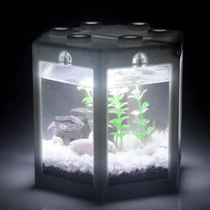 4.7 Inch Hexagonal Mini Aquarium Tank Leak-Proof Plastic Stackable Portable Fish Tank for Desk Decor Terrarium Habitat(White)