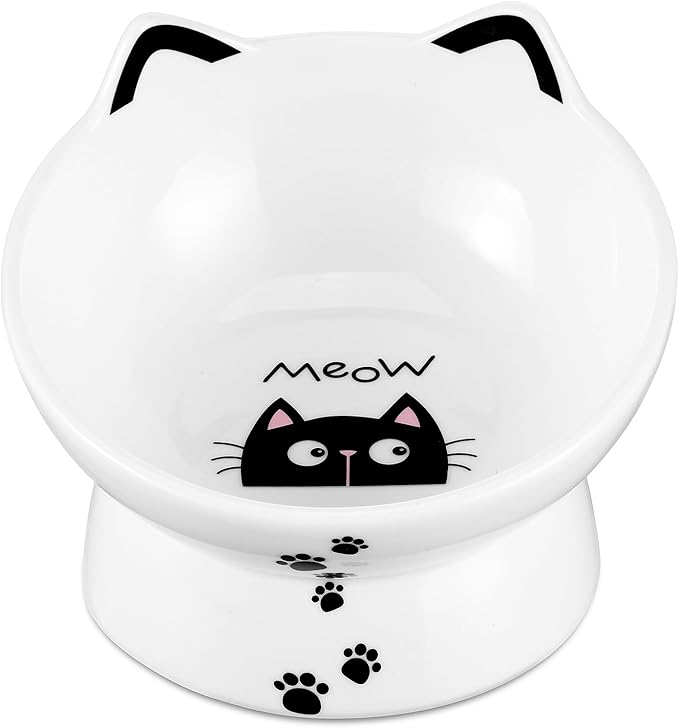 Yedio Porcelain Raised Cat Bowl, Tilted Cat Food Bowl with Anti Slip Band, Stress Free, Elevated Porcelain Pet Bowl Protect Pet's Spine, Backflow Prevention, Dishwasher Safe, White