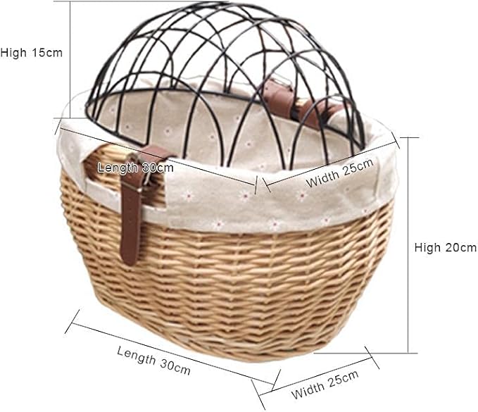 Wicker Bike Basket for Small Dogs Cats Pet Carrier Front Basket with Wire Mesh Cover (Honey Color)