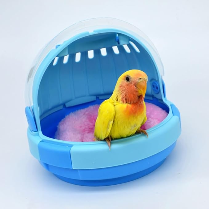 Small Portable Parrot Carrier Cage with Blue Plush Nest, Handheld Outdoor Bird Travel Cage for Small Parakeets and Young Parrots