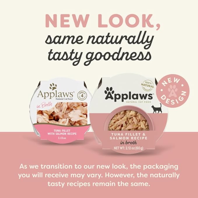 Applaws Natural Wet Cat Food in Broth, Limited and Natural Ingredients, High Protein with No Artificial Additives, Tuna Fillet & Salmon in Broth (10 x 2.12 oz Easy-Open Cups)