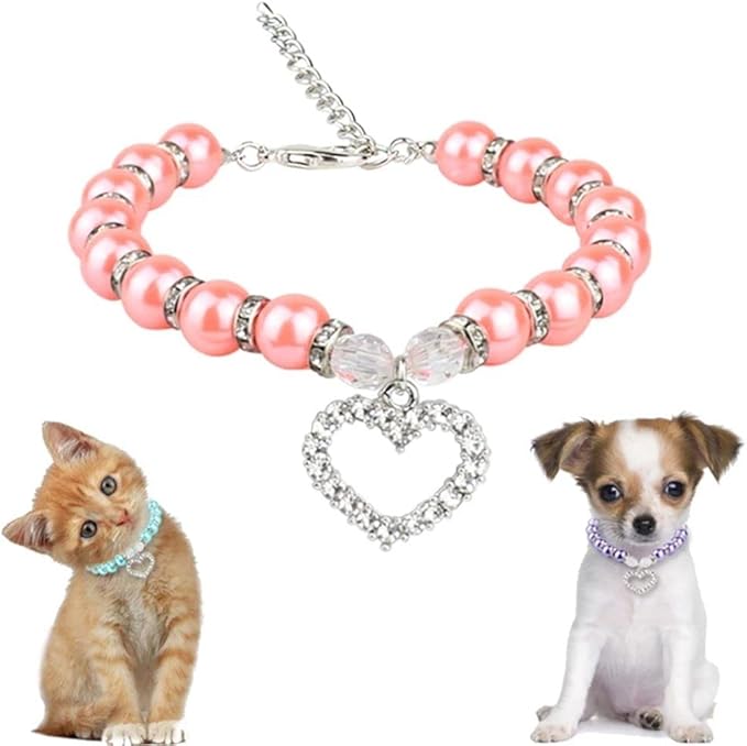 Dog Pearls Collars Crystal Heart Dog Cat Collar, Pet Bling Love Charm Pendant Necklace for Cats Small Dogs Birthday Party Accessories(S,Purple)