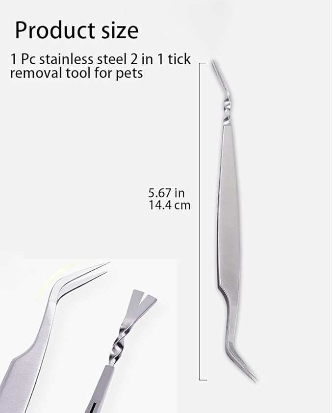 1 Pc Silver 2 in 1 Tick Removal Tool for Pets, Stainless Steel Tick Remover Tools, Professional Tick Tweezers Ticks Remover for Dogs, Cats and Humans, Flea and Tick Control