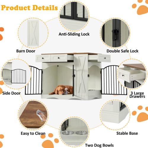 43.3 Inch Farmhouse Style Dog Crate Furniture with 3 Drawers - Heavy Duty Indoor Wooden Dog Kennel, End Table for Medium Large Dogs, Removable Feeder, Double Door Design