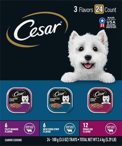 Cesar Filets in Gravy Adult Wet Dog Food Variety Pack, Filet Mignon, New York Strip, and Prime Rib Flavors, 3.5 oz. Easy Peel Dog Food Tray, 24 Count (Pack of 1)