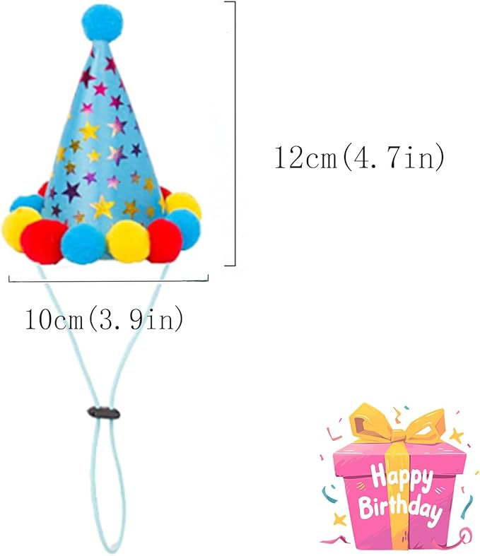 2-PC Pet Birthday Party Costume-Puppy Blue Adjustable Collar Saree with Colorful Balls and Cute Star Hat Soft Costume Accessory for Dogs Cats