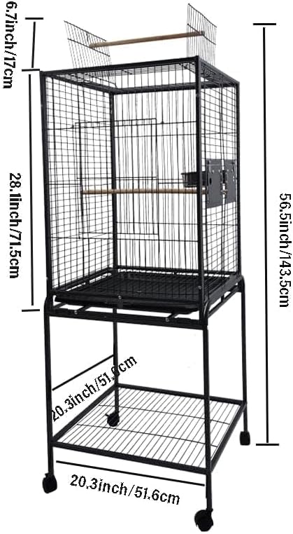 63 Inch Bird Flight Cage, Standing Wrought Iron Bird Cage with Rolling Stand, Wheels, Perches and Bird Feeder, Large Parrot Cage for Cockatiels, African Grey, Parakeets, Conures, Budgies, Lovebirds