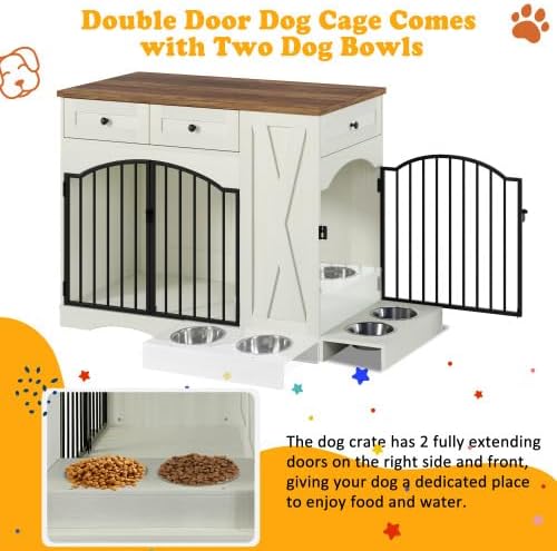 43.3 Inch Farmhouse Style Dog Crate Furniture with 3 Drawers - Heavy Duty Indoor Wooden Dog Kennel, End Table for Medium Large Dogs, Removable Feeder, Double Door Design