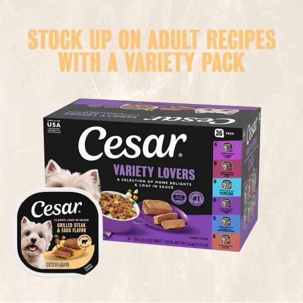 Cesar Wet Dog Food Home Delights & Classic Loaf in Sauce, Breakfast & Dinner Variety Pack, 3.5 oz. Trays, 24 Count (Pack of 1)
